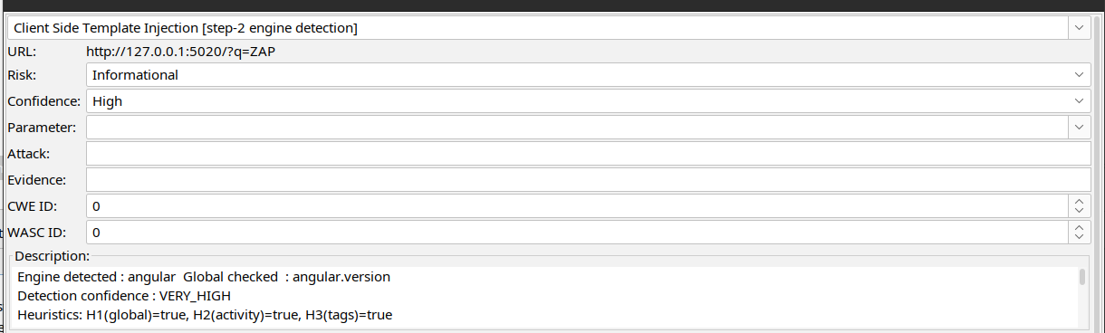 Engine detection alert showing the detected template engine and confidence evidence