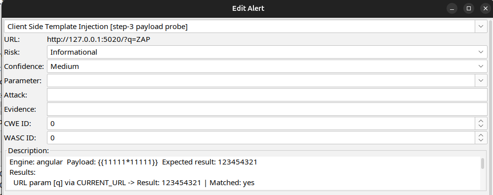 Payload reflection results showing evaluated CSTI evidence